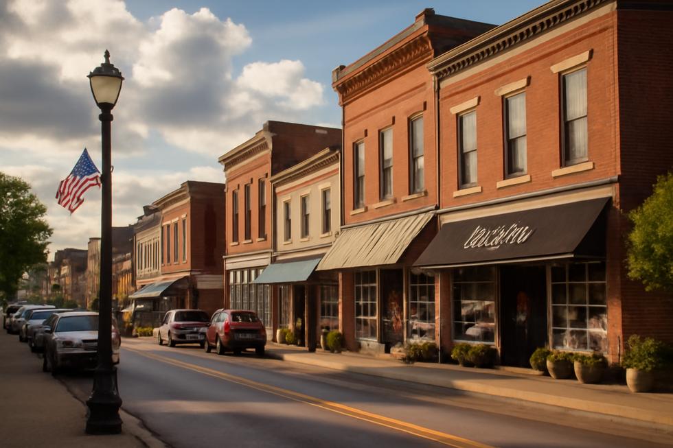 A scenic view of Newburgh, Indiana, highlighting active streets and local business signage.