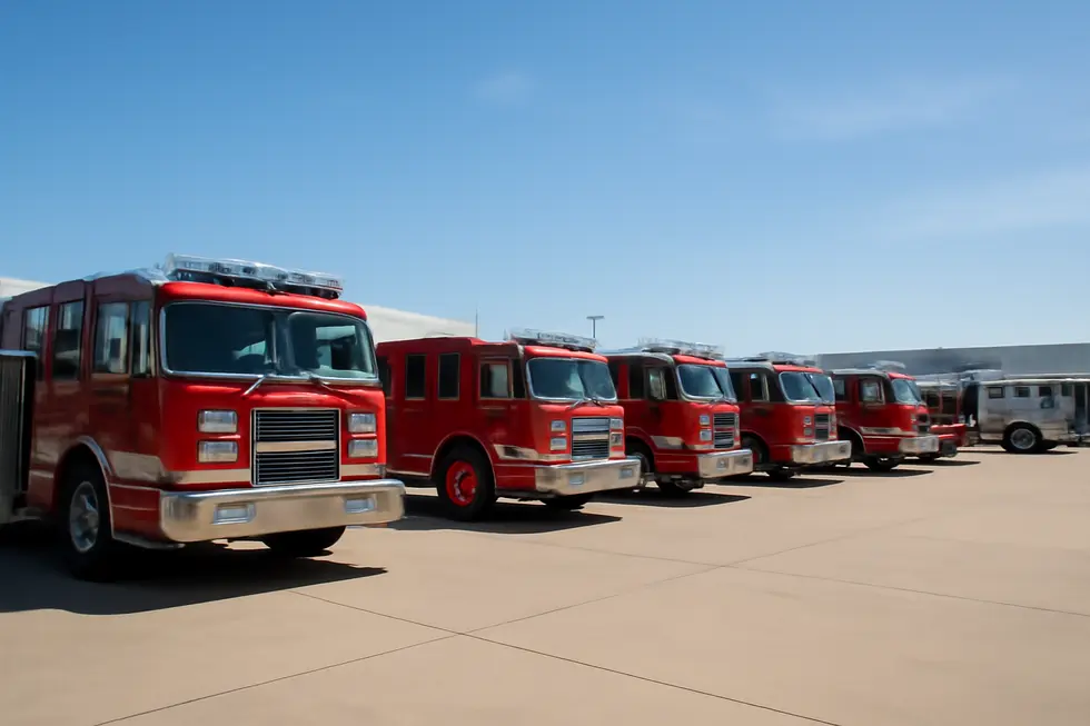 An expansive view of a dealership showcasing several fire trucks displayed in bright colors under a blue sky.