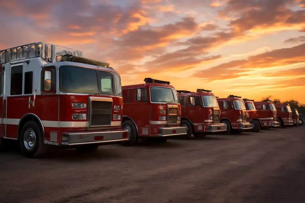 An expansive image displaying various fire trucks, including different models and colors, suggesting a wide range of options available for buyers.