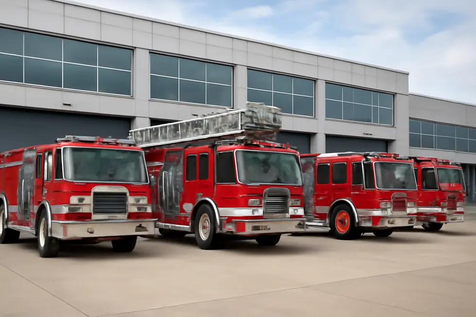 A fleet of steel fire apparatus lined up in front of a fire station, representing strength and readiness.