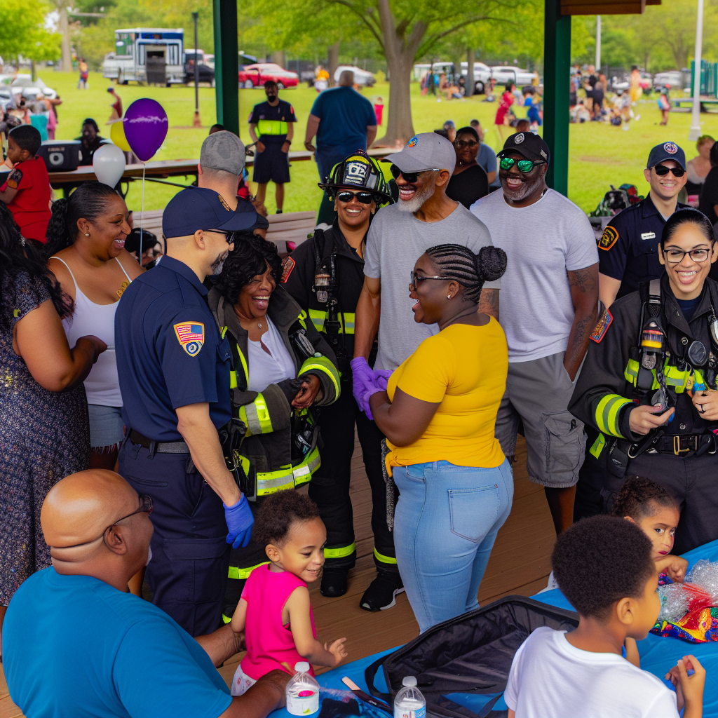 Community members engaging with first responders, depicting teamwork and support in a positive atmosphere.