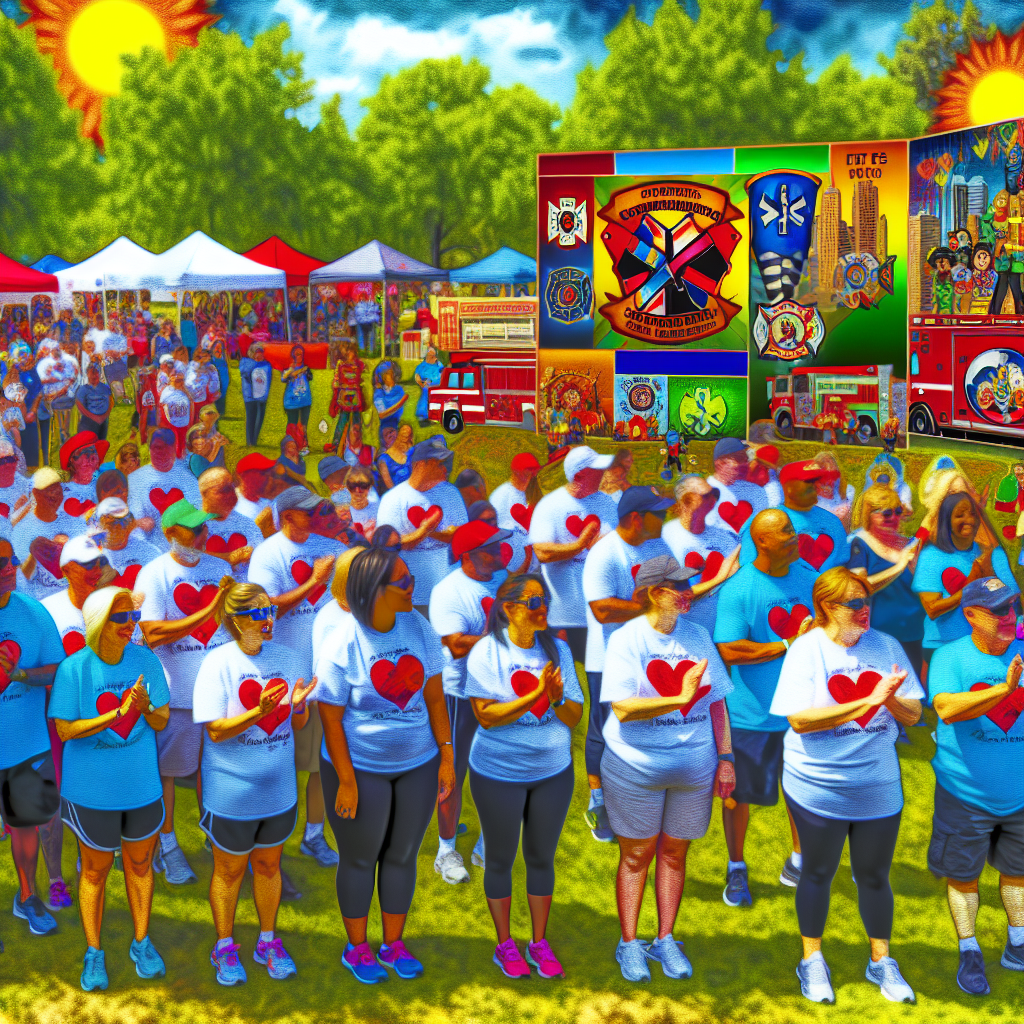 A vibrant community event honoring first responders, showcasing a charity run with participants wearing supportive t-shirts, banners depicting admiration for firefighters, EMTs, and police, and local residents coming together to show appreciation.