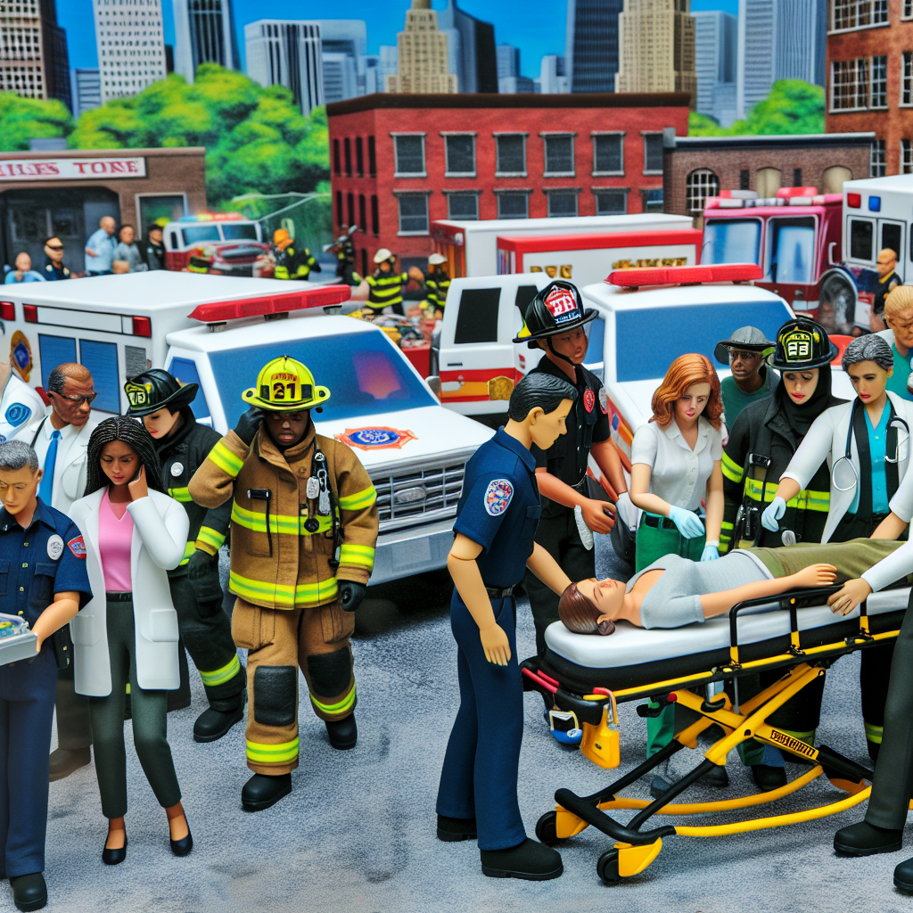 Firefighters, EMTs, and police officers responding to an emergency situation, showcasing teamwork and community support