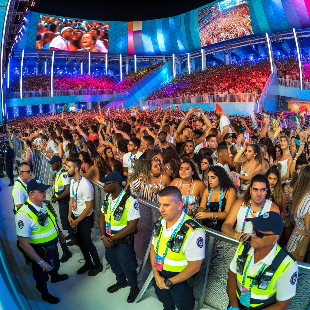 A vibrant crowd at a large-scale event such as a festival or sporting event, depicting the integration of real-time data for crowd management and safety measures.