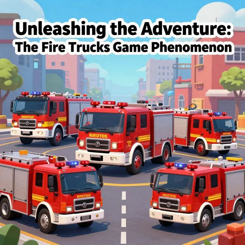 A dynamic compilation of video game fire trucks in action against a bright urban landscape.