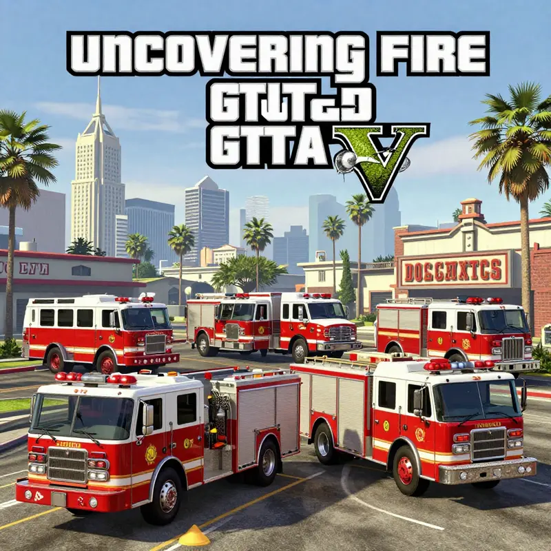 A cover image showcasing fire trucks in front of famous landmarks in GTA 5.