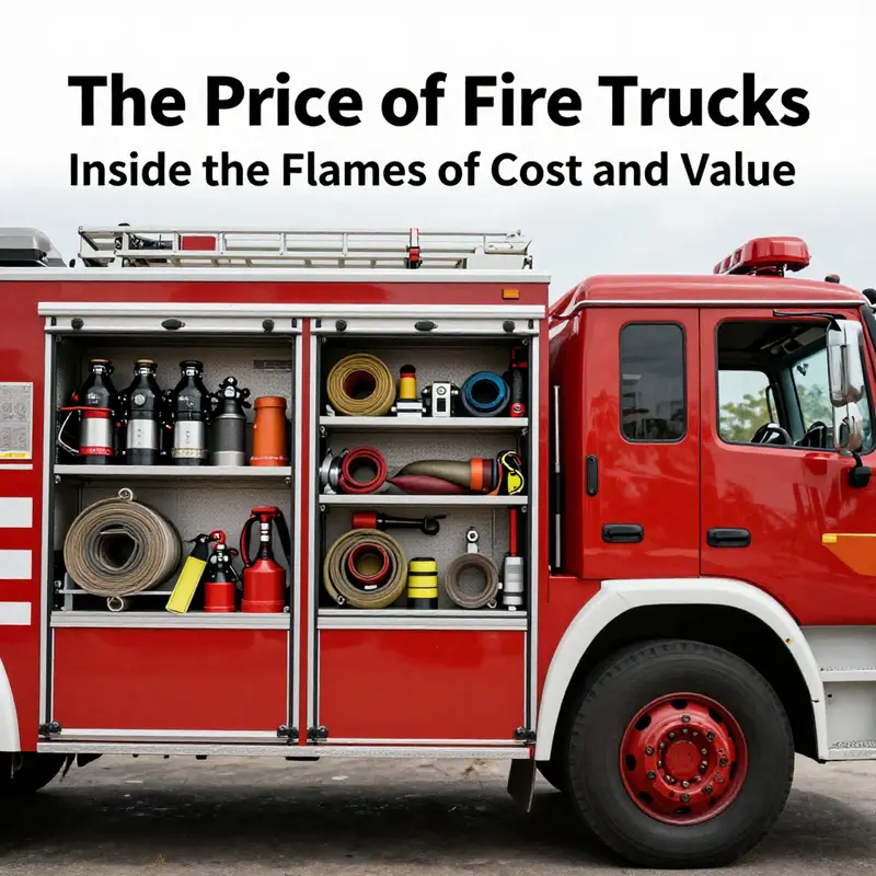 An array of fire trucks highlighting various standard models: pumper and ladder trucks.