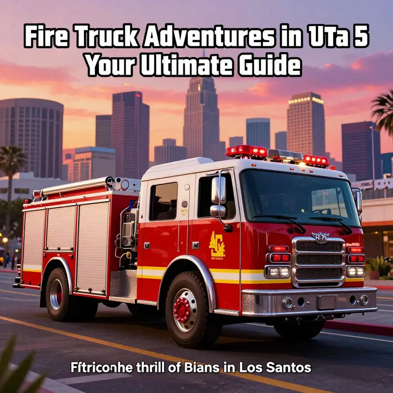 Fire truck in front of the sunset over Los Santos skyline.