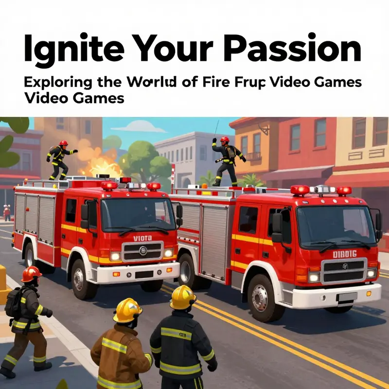 A colorful scene representing firefighting in video games, showcasing fire trucks and rescuing civilians.