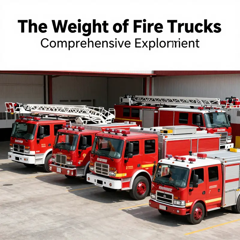 A diverse lineup of fire trucks illustrating their different types and respective weights.