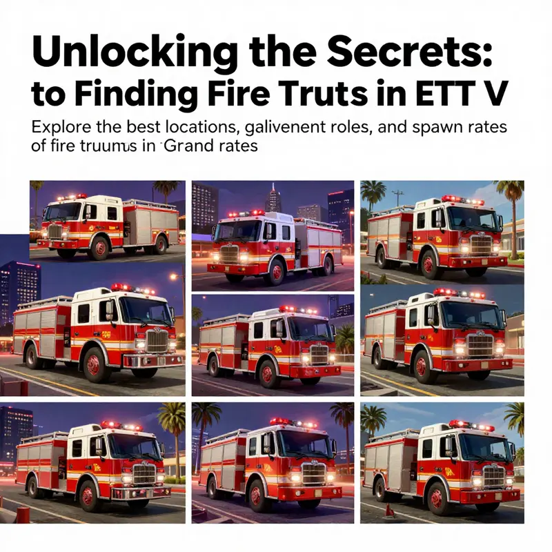 A collage showing various fire trucks in GTA V amidst the vibrant landscapes of Los Santos.