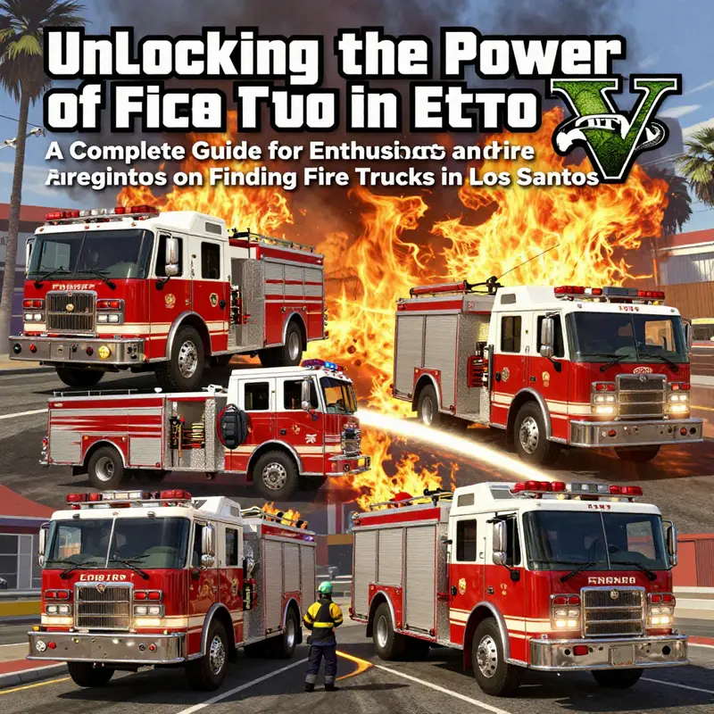 Composite image displaying multiple fire trucks in action within the gameplay of GTA V.