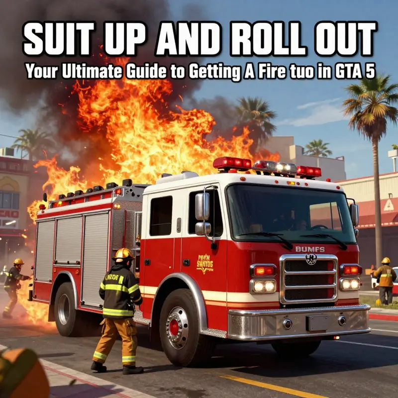 A fire truck battling a fire in GTA 5 amidst the vibrant streets of Los Santos.