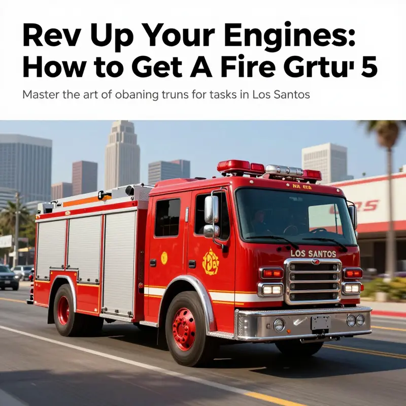 A Grand Theft Auto V fire truck racing down the streets with the cityscape in view.