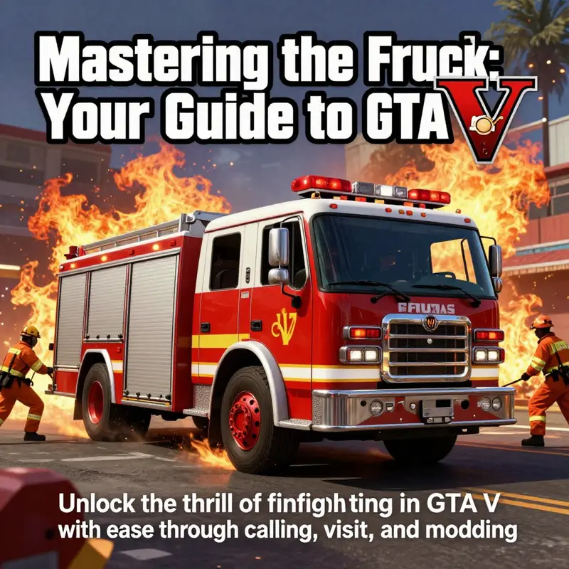 A dramatic scene featuring a fire truck in GTA V amidst flames and emergency responders.