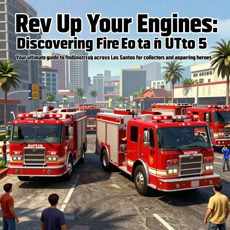 Several fire trucks parked in urban Los Santos, highlighting the excitement of collecting emergency vehicles.