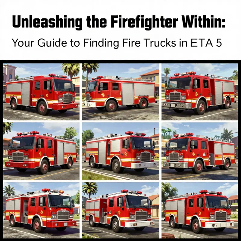 A montage of various fire trucks in GTA 5, highlighting their presence in different locales and scenarios.