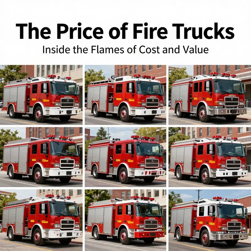 An array of fire trucks highlighting various standard models: pumper and ladder trucks.