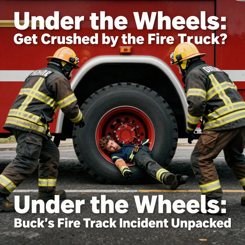 Buck lying beneath the fire truck while responders initiate the rescue.