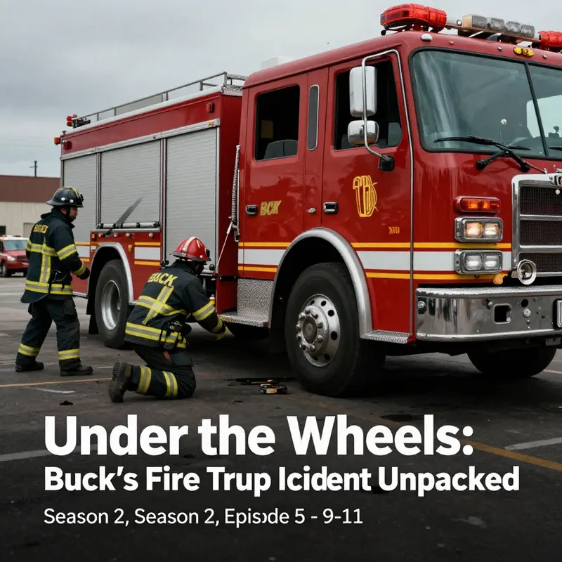 Buck being rescued from under a fire truck in a dramatic 9-1-1 scene.