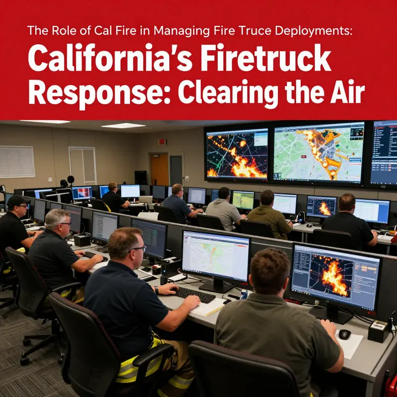 Fire trucks prepared for deployment during a wildfire emergency in California, showcasing the coordination and response efforts.
