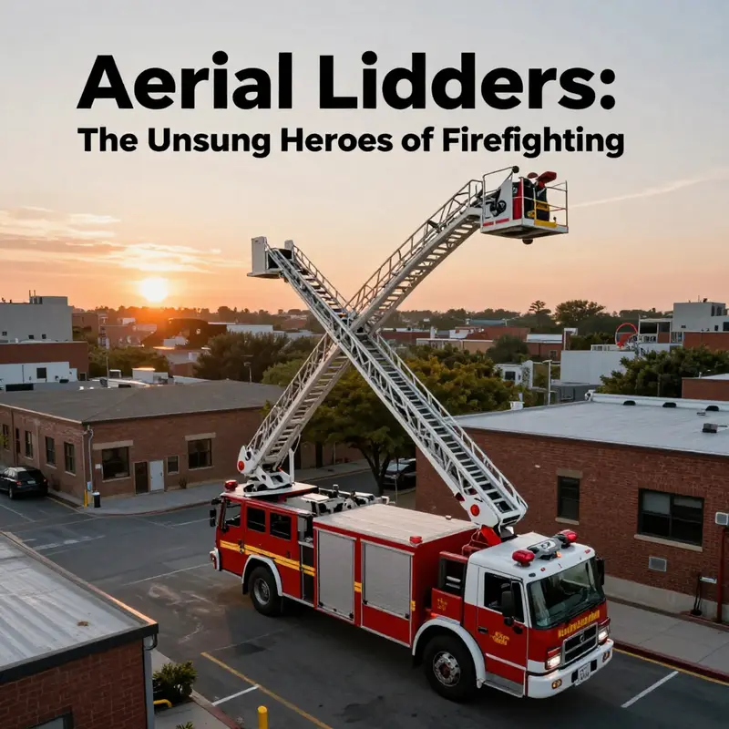 An aerial view of a fire truck’s extended ladder against an urban skyline during sunset.