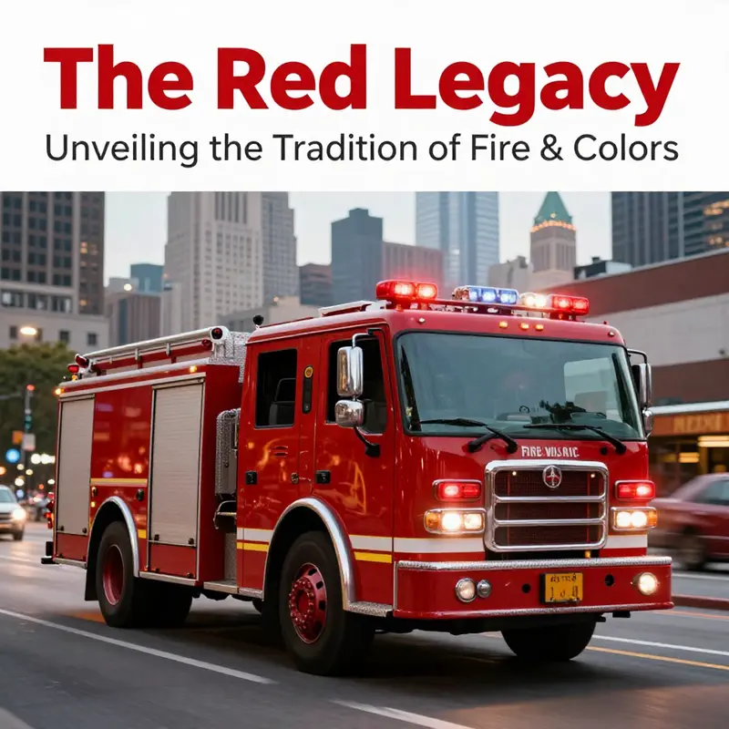 A bright red fire truck in motion with flashing lights set against a city skyline.