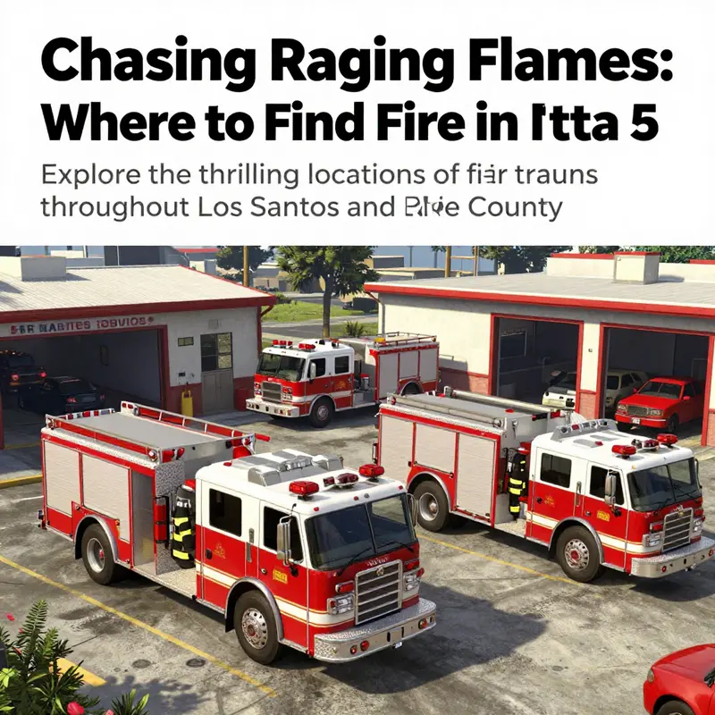 Scene depicting multiple fire trucks outside fire stations in GTA 5.