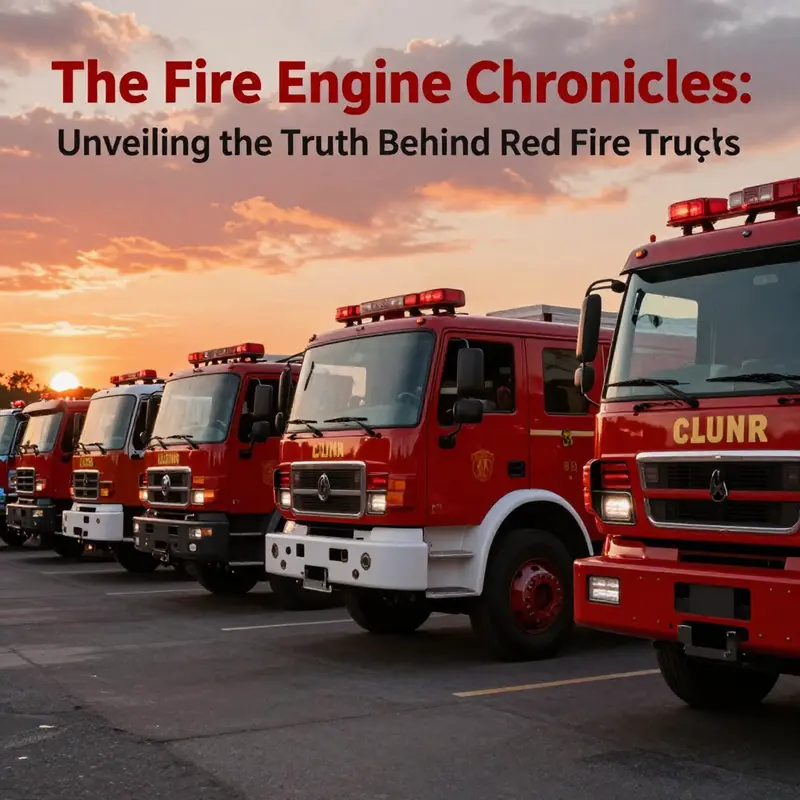 A lineup of various fire trucks, prominently highlighting a red truck against a stunning sunset backdrop.