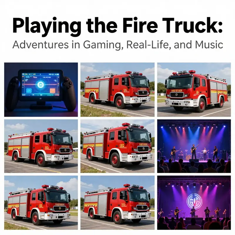 A vivid collage showcasing fire trucks in gaming, training, and musical contexts that highlights the multifaceted nature of fire truck culture.