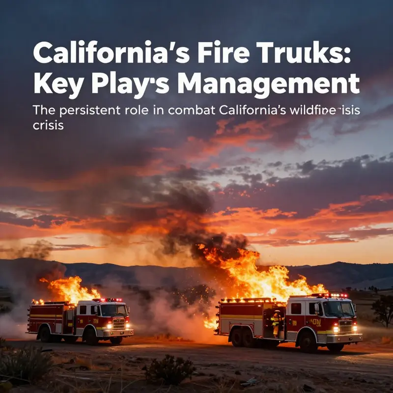 Fire trucks battling flames under a sunset sky in California.