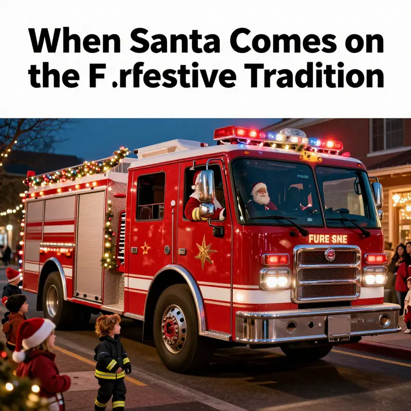 A fire truck with Santa Claus during the holidays, surrounded by families celebrating.
