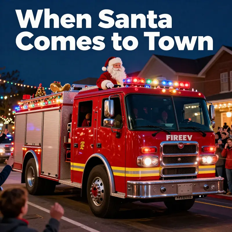 A joyful image of Santa Claus on a fire truck, decorated with lights, capturing the essence of holiday festivities.