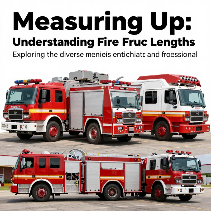A wide shot of various fire trucks, showcasing their lengths and styles in a firefighting context.