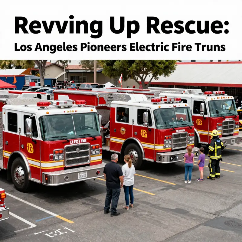 Families and children interact with electric fire trucks at a community event, showcasing modern fire service technology.