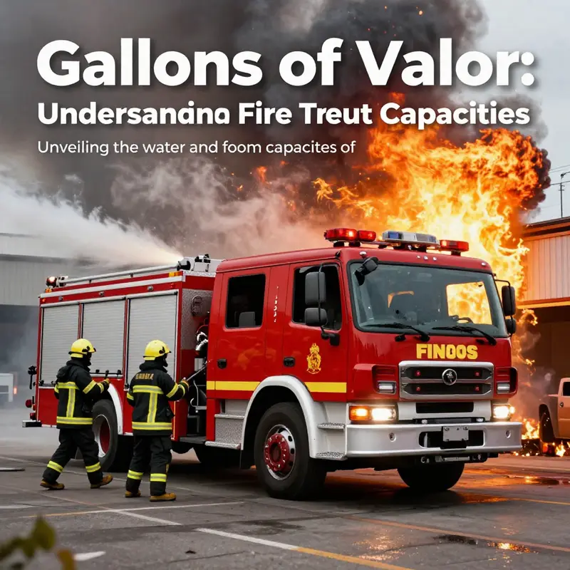 A vivid image of a fire truck actively responding to a fire, showcasing its water capacity and the teamwork of firefighters at work.