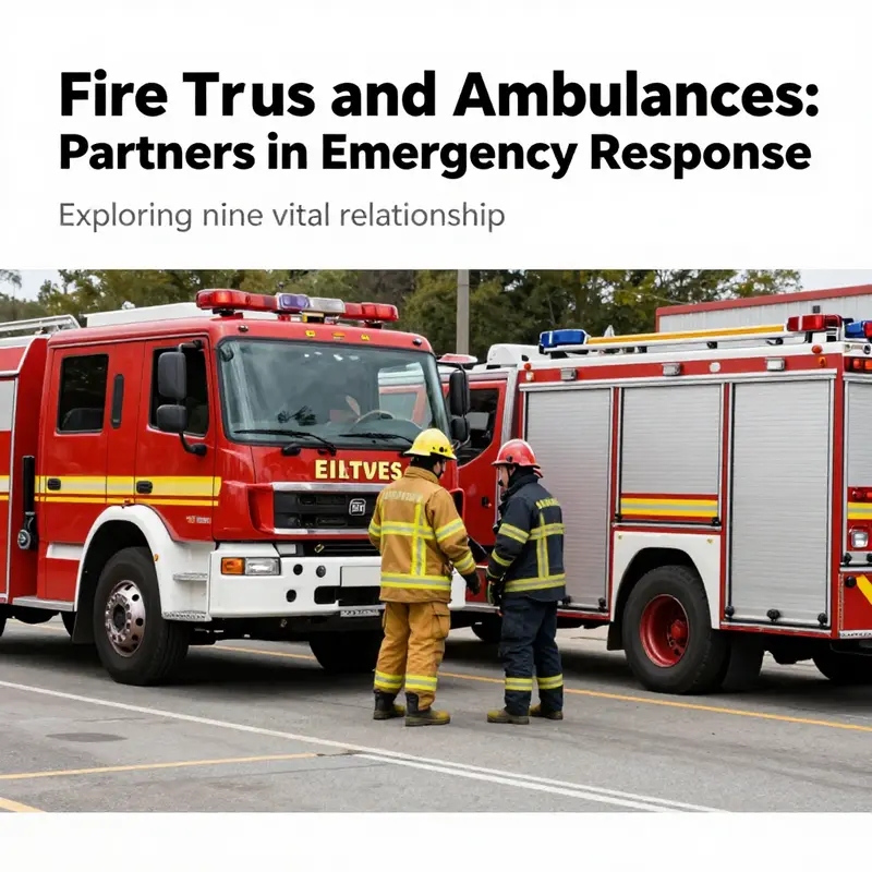 Fire truck and ambulance dynamic scene at an emergency site, showcasing teamwork among emergency responders.