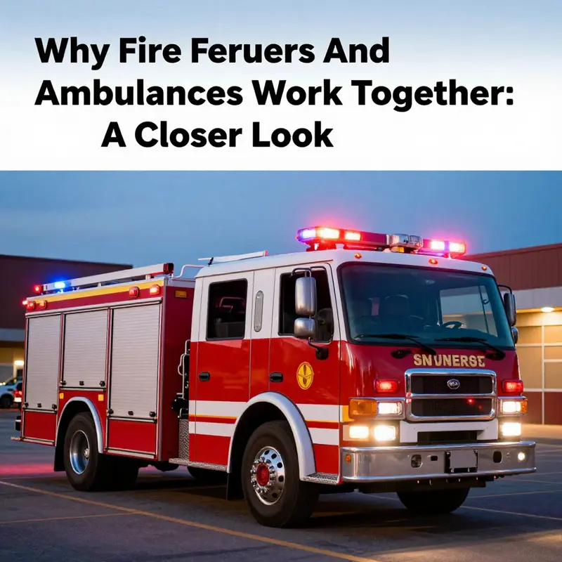 A fire truck and ambulance with flashing lights at sunset, highlighting their crucial roles in emergency response.