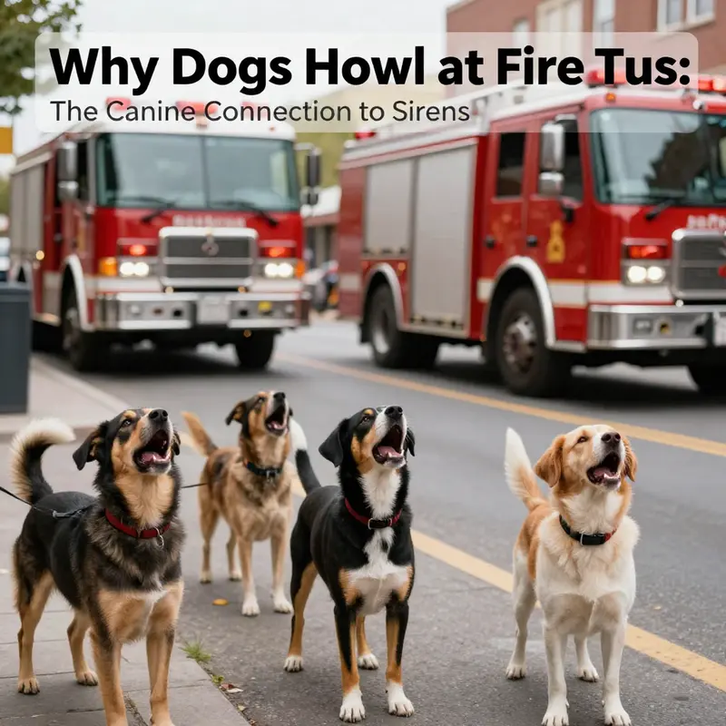 A vibrant street scene with a fire truck moving past and dogs howling, reflecting the theme of canine responses to sirens.
