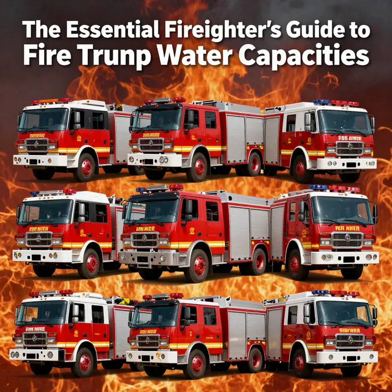 A vivid collage of various fire trucks portraying their different sizes and water capacities against a dramatic firefighting backdrop.