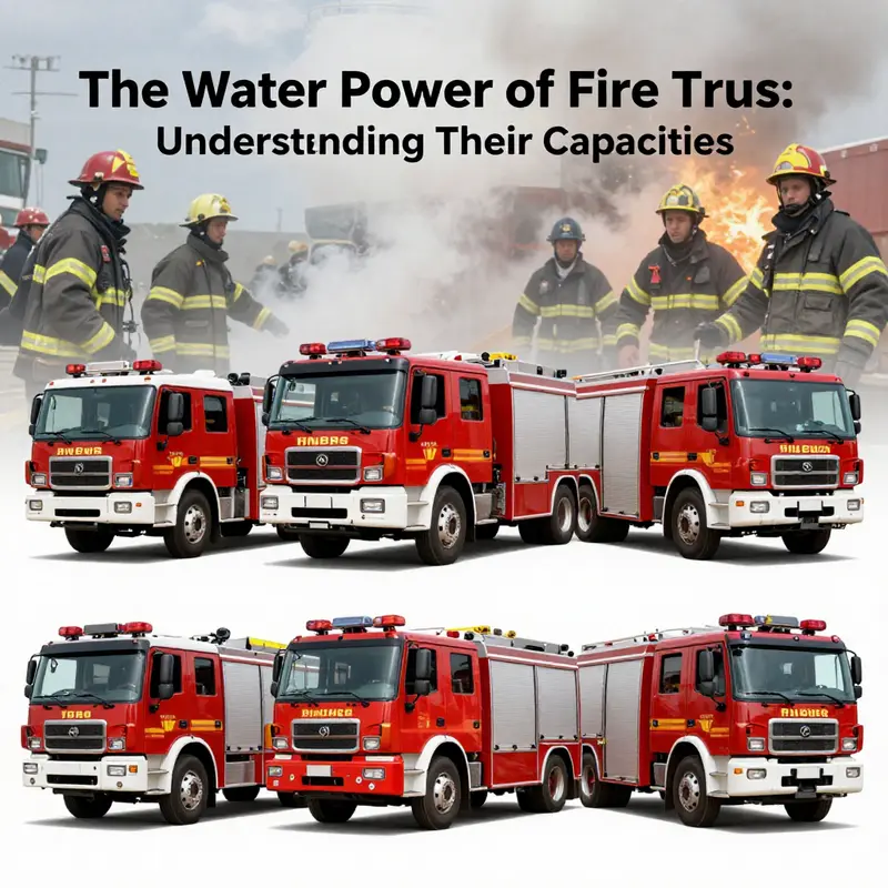 A collage of small, medium, and large fire trucks illustrating their varied water capacities.