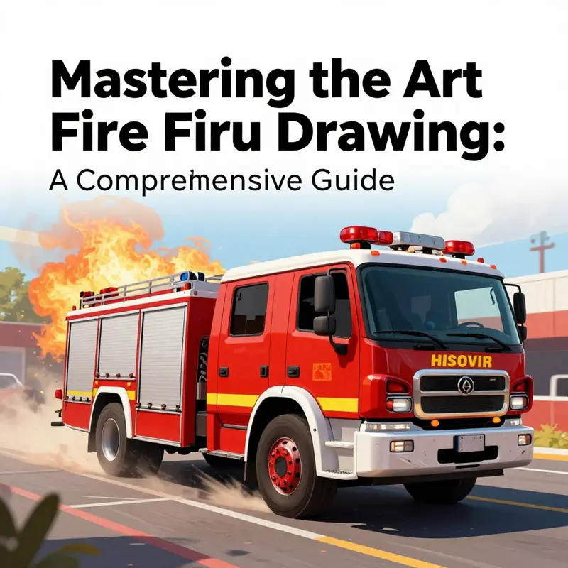 Illustration of a fire truck in action at an emergency scene, filled with bright colors and dramatic lighting to depict urgency.