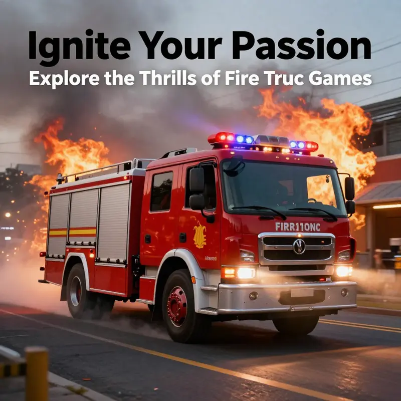A dynamic fire truck speeding down a street with sirens and flames, symbolizing the excitement of fire truck games.