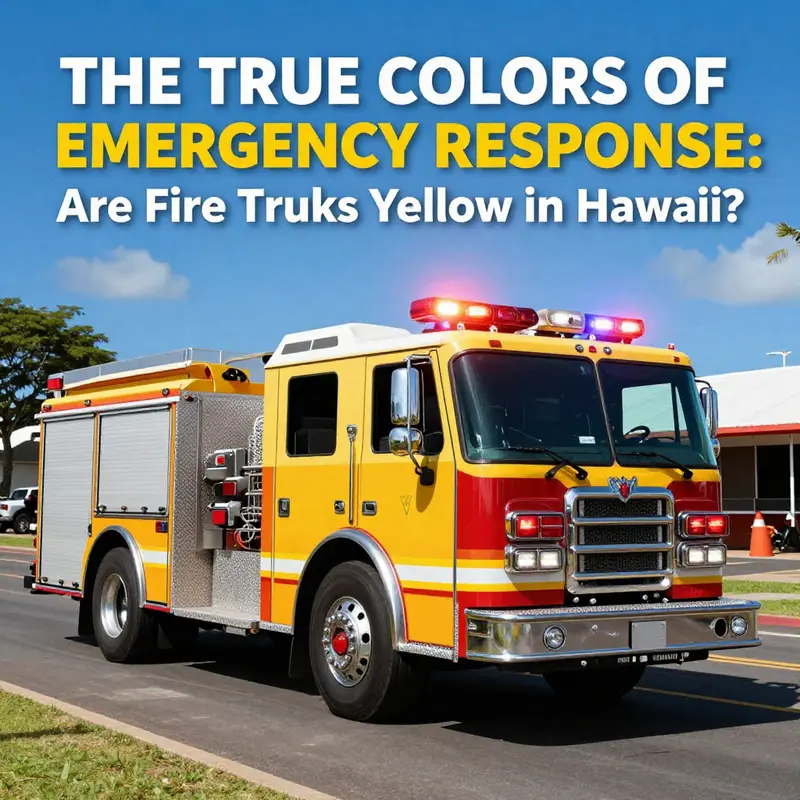 A collection of fire trucks showcasing diverse colors at a Hawaiian fire station, illustrating color standardization in emergency services.