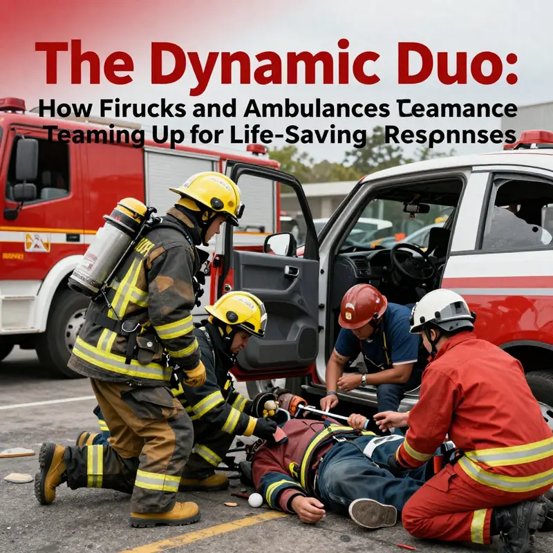 Fire trucks and ambulances navigating urban traffic to provide rapid emergency response.