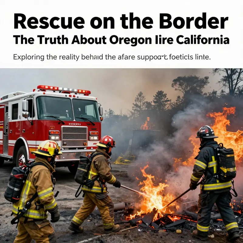 A heartwarming scene of firefighters from Oregon and California collaborating during a wildfire, emphasizing teamwork and dedication.