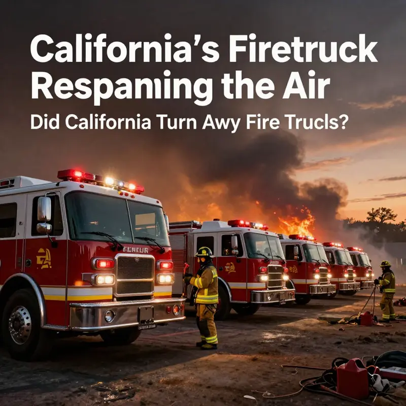 Fire trucks prepared for deployment during a wildfire emergency in California, showcasing the coordination and response efforts.