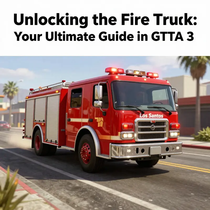 A dynamic scene in GTA 5 featuring a fire truck with lights flashing, navigating the urban landscape.