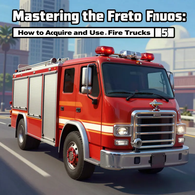 A fire truck in GTA 5, set against an adventurous urban backdrop.