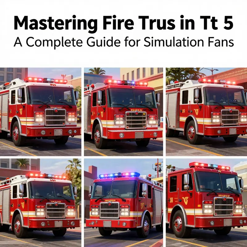 A vibrant collage displaying fire trucks from GTA 5 in action, highlighting thrilling emergency scenarios.